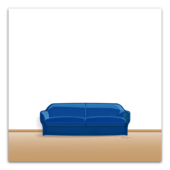 Where it all began, the blue couch up against a white wall  Art illustration by Ron Centra